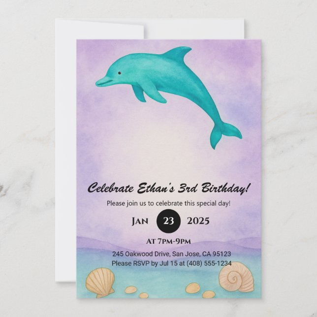 Playful Blue Dolphin & Seashell Ocean Birthday  Inbjudningar (Framsida)