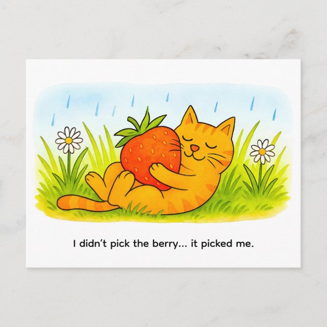 Playful Cartoon Cat Hugging Big Strawberry Vykort (Framsida)