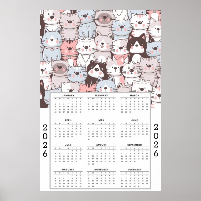 Playful Cartoon Cat Pattern with 2026 Calendar Poster (Framsidan)