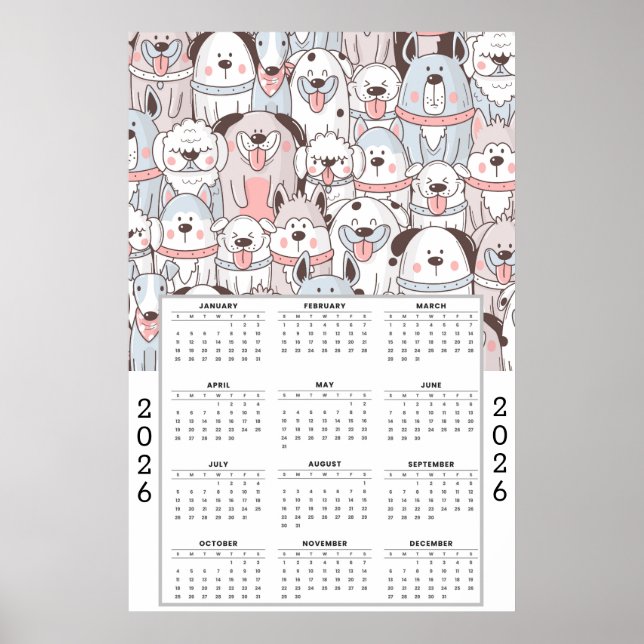 Playful Cartoon Dog Pattern with 2026 Calendar Poster (Framsidan)