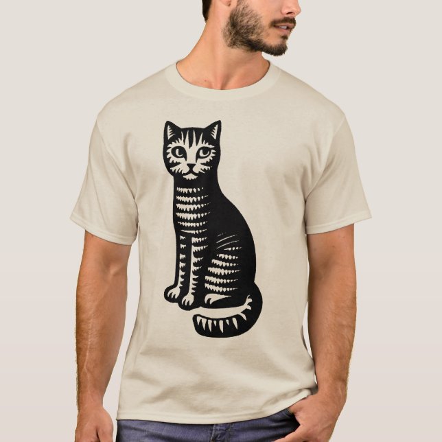 Playful Cat Woodcut Style T Shirt (Framsida)