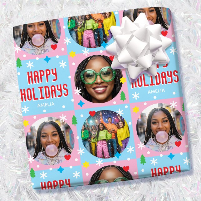 Playful Custom Photo Text Retro Blue Christmas  Presentpapper (Skapare uppladdad)