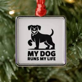 Playful Dog Outline "My Dog Runs My Life" Art Julgransprydnad Metall