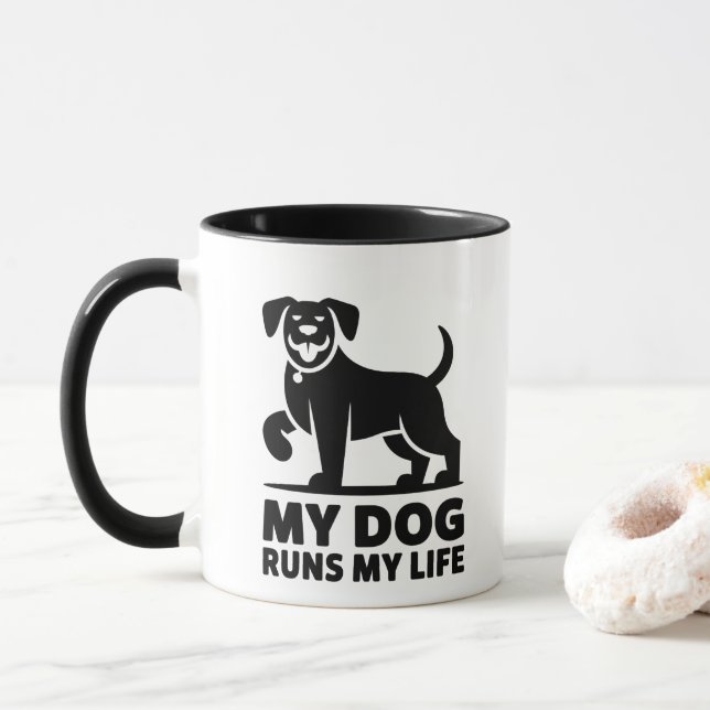 Playful Dog Outline "My Dog Runs My Life" Art Mugg (Med munk)