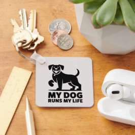 Playful Dog Outline "My Dog Runs My Life" Art Nyckelring
