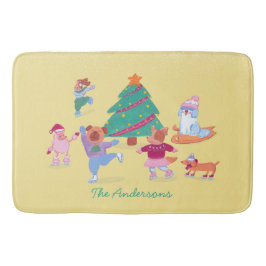 Playful Dogs Ice Skating Yellow Christmas Badrumsmatta