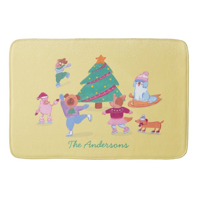Playful Dogs Ice Skating Yellow Christmas Badrumsmatta (Framsidan)