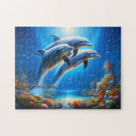 Playful Dolphins Vibrant Underwater Ocean Scene Pussel