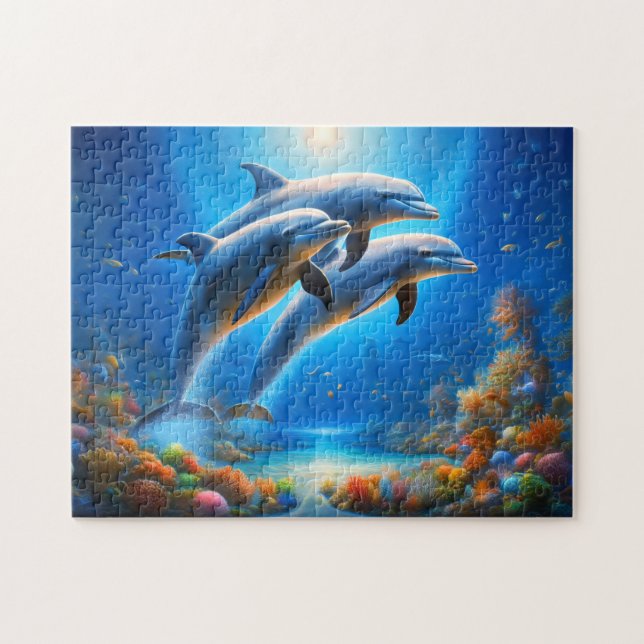 Playful Dolphins Vibrant Underwater Ocean Scene Pussel (Horisontell)