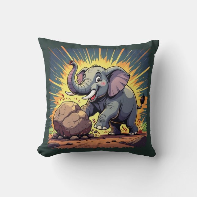 Playful Elephant Pushing a Rock – Fun Cartoon Anim Kudde (Framsida)