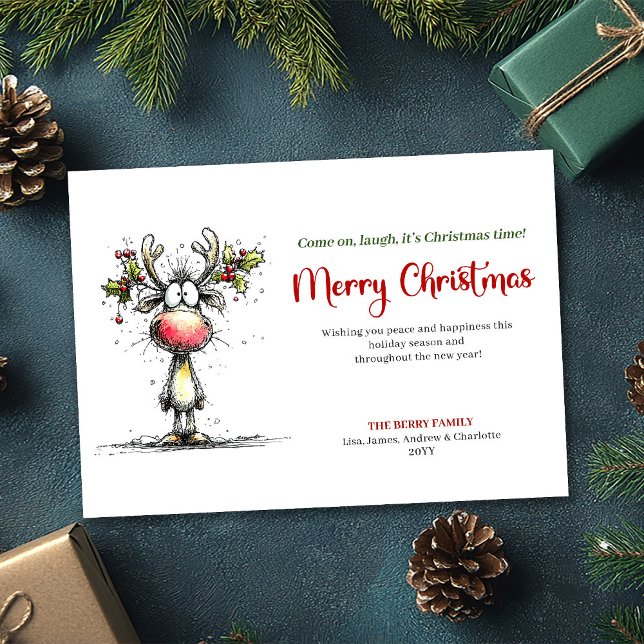 Playful Funny Santa Watercolor Red Green Greeting  Julkort (Funny Christmas greeting card,
quirky cartoon Christmas reindeer,
cartoonish artistic holiday  Xmas,)