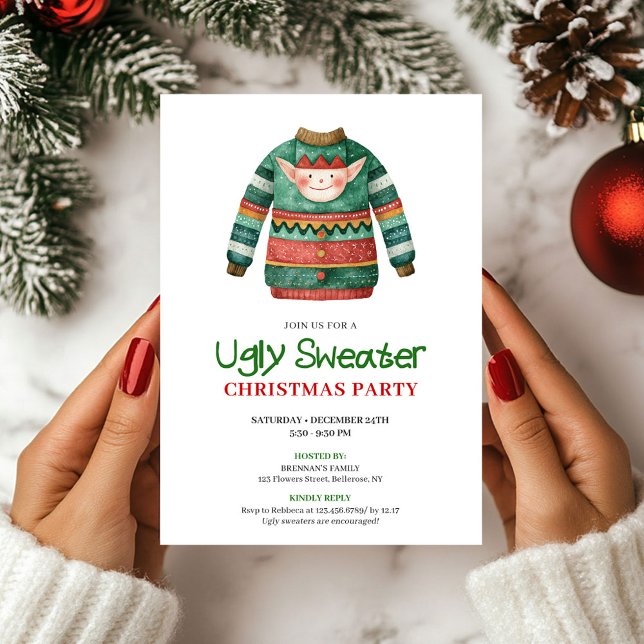 Playful Funny Ugly Sweater Xmas Party Card Inbjudningar (Playful Funny Ugly Sweater Xmas Party Card)