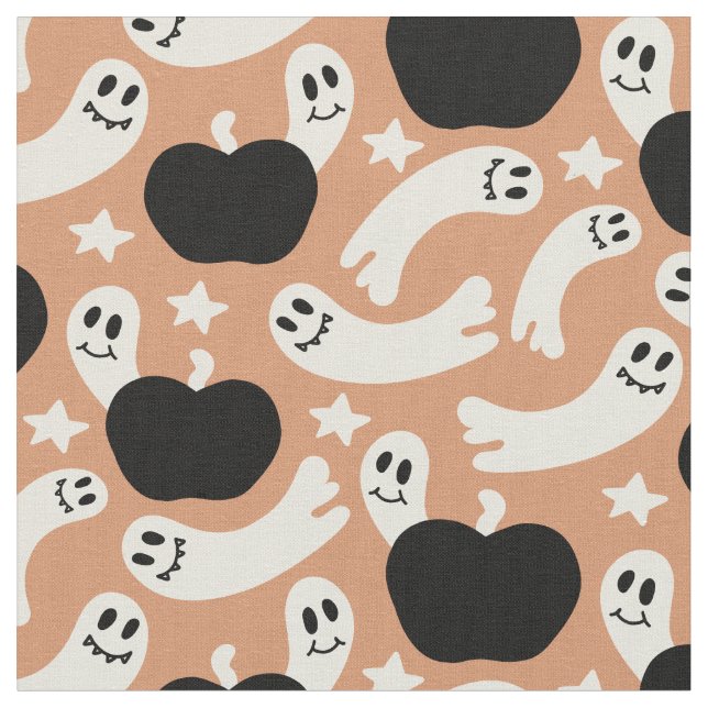 Playful Ghosts and Pumpkins on Black – Halloween Tyg (Närbild)