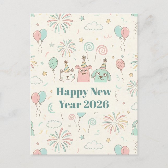 Playful Happy New Year 2026 Kids Greeting Card Helg Vykort (Framsida)