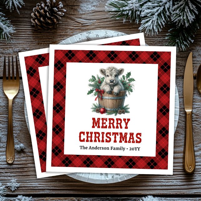 Playful highland cow red black tartan napkins pappersservett (Playful highland cow red black tartan napkin)