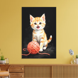 Playful Kitten Cat with Yarn Watercolor Print Canvastryck