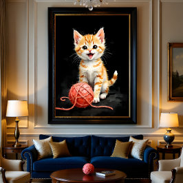 Playful Kitten Cat with Yarn Watercolor Print Fototryck