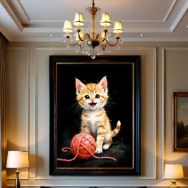 Playful Kitten Cat with Yarn Watercolor Print Poster