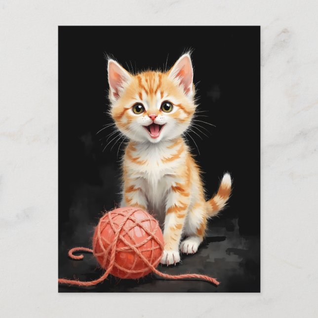 Playful Kitten Cat with Yarn Watercolor Print Vykort (Framsida)