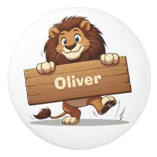 Playful Lion with Wooden Name Plate Knopp
