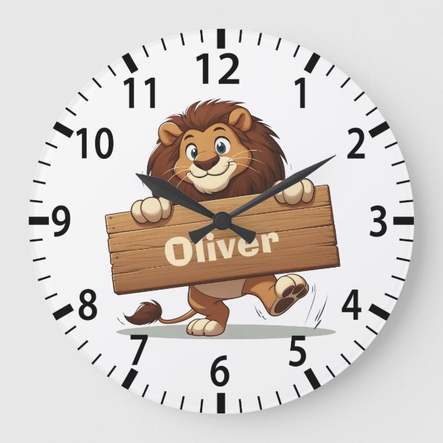 Playful Lion with Wooden Name Plate Stor Klocka (Framsida)