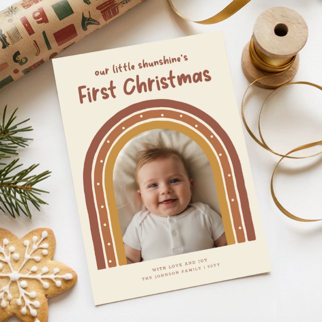 Playful Newborn Baby's First Christmas Arch Photo Julkort (Skapare uppladdad)