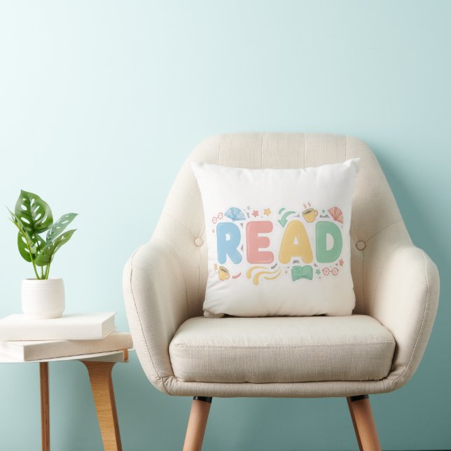 Playful Pastel Bubble "READ" Sticker Style Kudde (Stol)