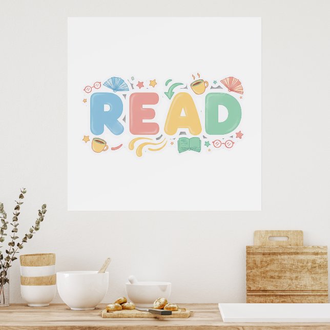 Playful Pastel Bubble "READ" Sticker Style Poster (Kök)