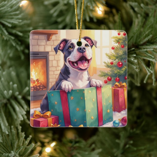 Playful Pitbull Opening Christmas Gifts Holiday Julgransprydnad Keramik (Träd)