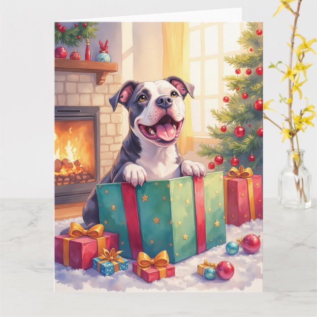 Playful Pitbull Opening Christmas Gifts Holiday Kort (Gul blomma)