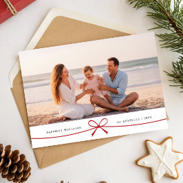 Playful Red Bow Family Beach Photo Christmas Julkort