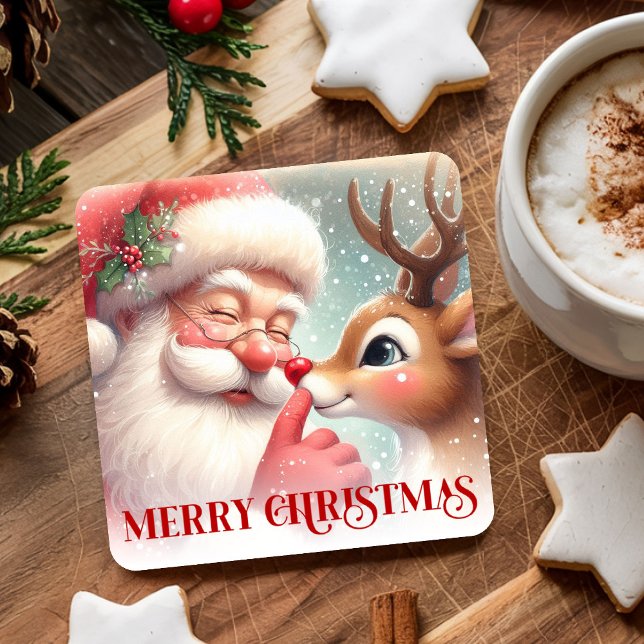 Playful Santa and Rudolph Festive Drink Coasters Underlägg Papper Kvadrat (Playful Santa and Rudolph Festive Drink Coasters)