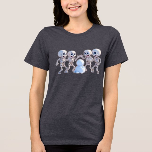 Playful Skeletons Building a Snowman – 3D Cartoon, T Shirt (Framsida)