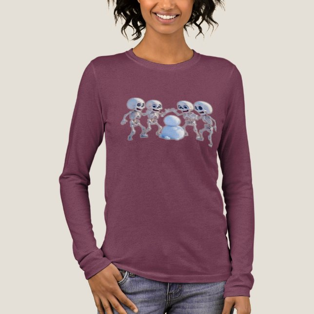 Playful Skeletons Building a Snowman – 3D Cartoon, T Shirt (Framsida)