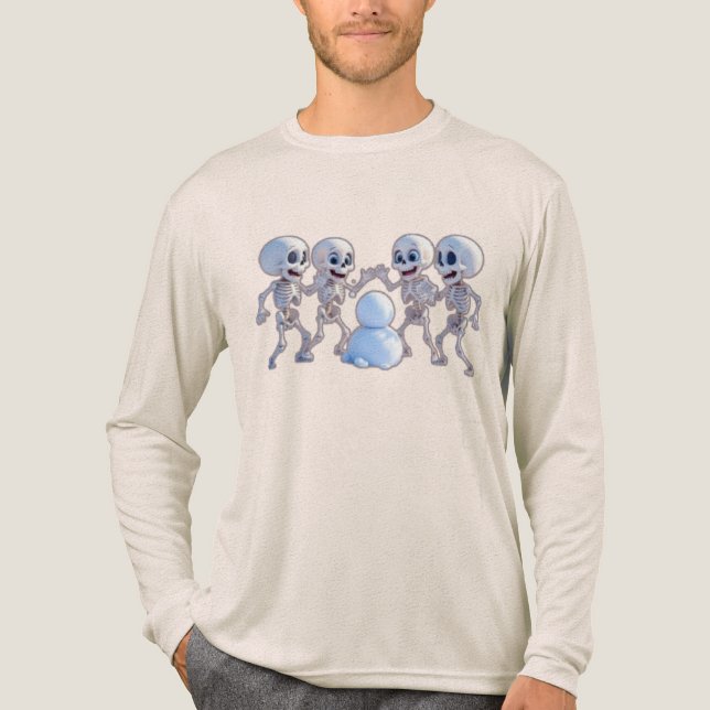 Playful Skeletons Building a Snowman – 3D Cartoon, T Shirt (Framsida)