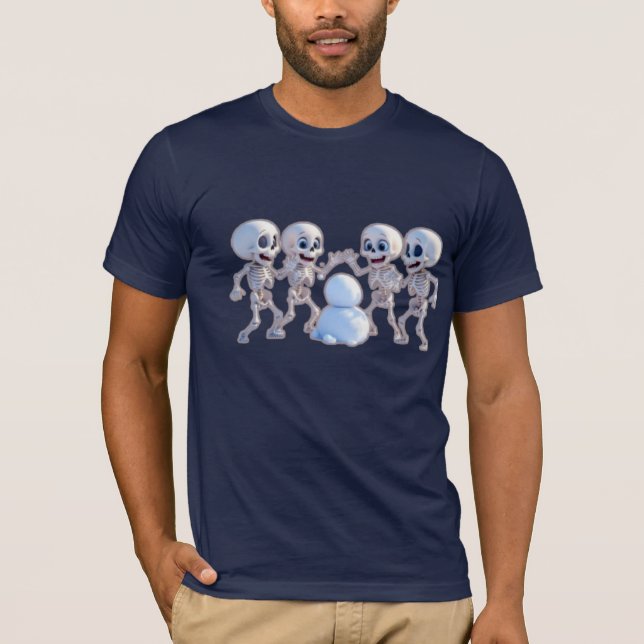 Playful Skeletons Building a Snowman – 3D Cartoon, T Shirt (Framsida)