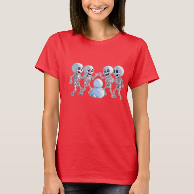 Playful Skeletons Building a Snowman – 3D Cartoon, T Shirt (Framsida)