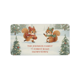 Playful Squirrels in Christmas Winter Forest Adressetikett