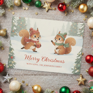 Playful Squirrels in Christmas Winter Forest Julkort
