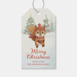 Playful Squirrels in Christmas Winter Forest Presentetikett