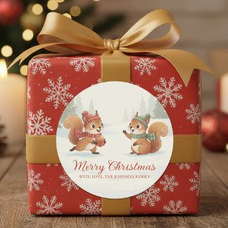 Playful Squirrels in Christmas Winter Forest Runt Klistermärke