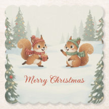Playful Squirrels in Christmas Winter Forest