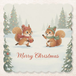 Playful Squirrels in Christmas Winter Forest Underlägg Papper