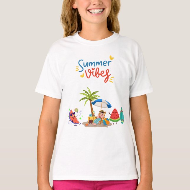  Playful Summer Beach Scene with Tropical Characte T Shirt (Framsida)