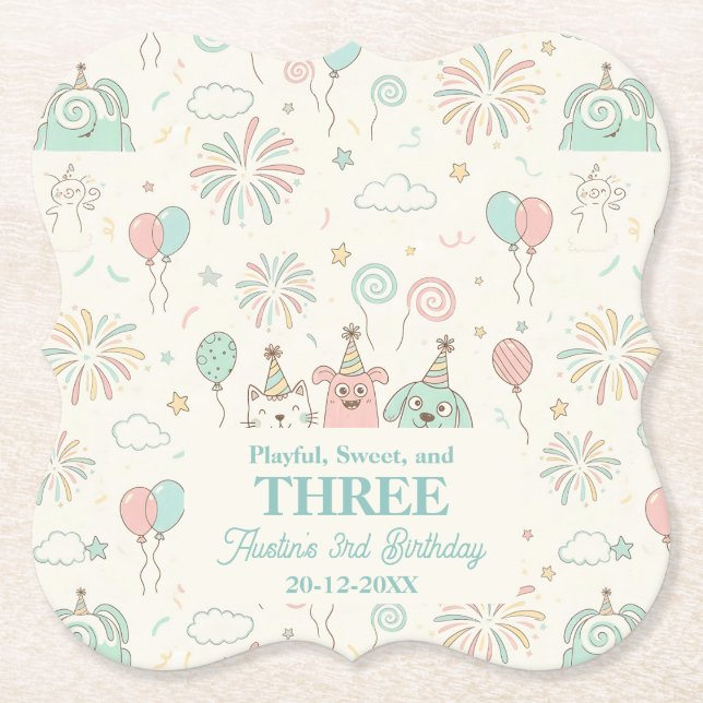 Playful Sweet and Three Kids Birthday  Underlägg Papper (Framsida)