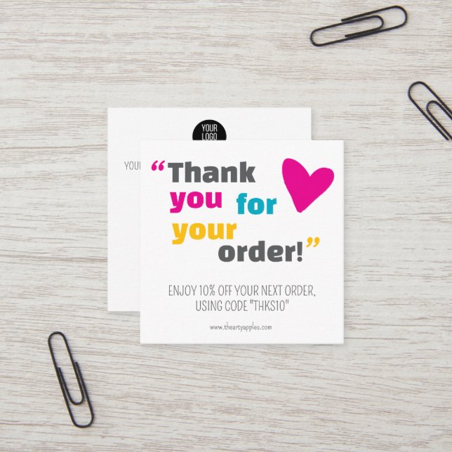 playful Thank You package insert With Logo & Offer Fyrkantigt Visitkort (Fram/Back In Situ)