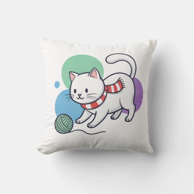 Playful White Cat with Yarn Tee Kudde (Framsida)