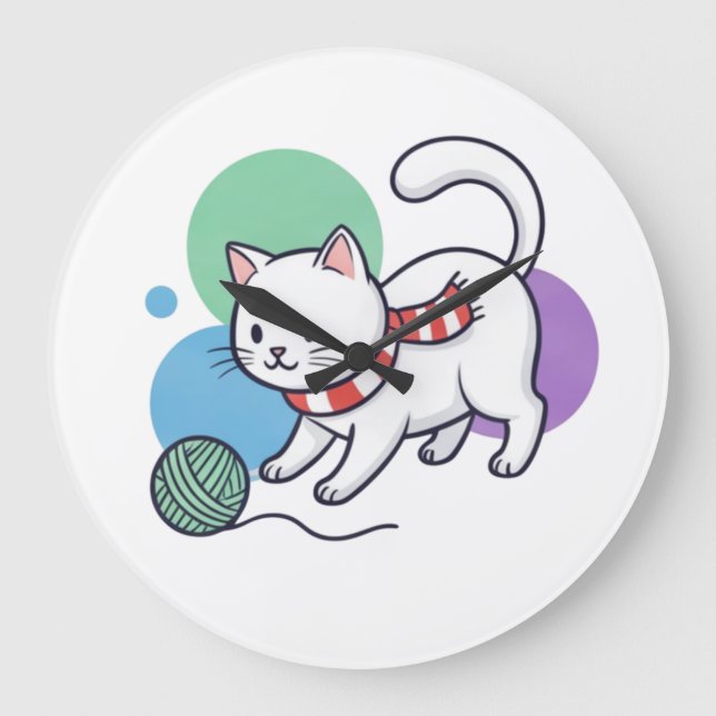Playful White Cat with Yarn Tee Stor Klocka (Framsida)