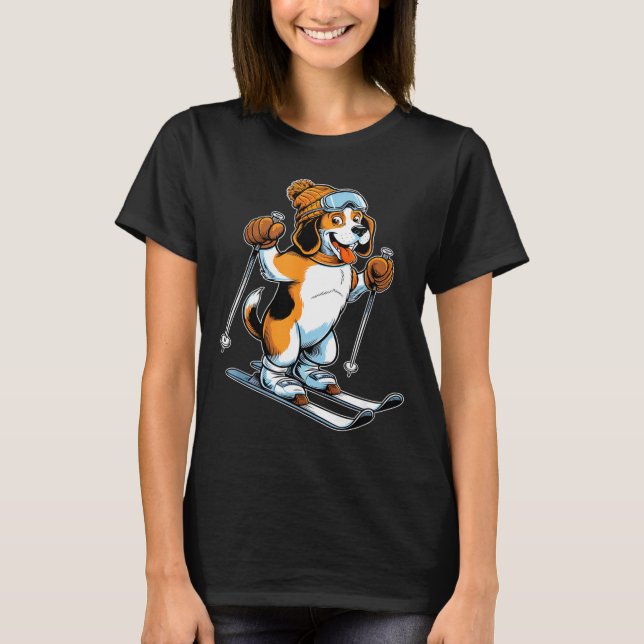 Playful winter beagle with skiing  t shirt (Framsida)