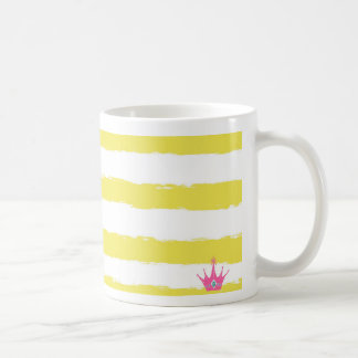 Playful yellow striped mug with a pink crown  kaffemugg